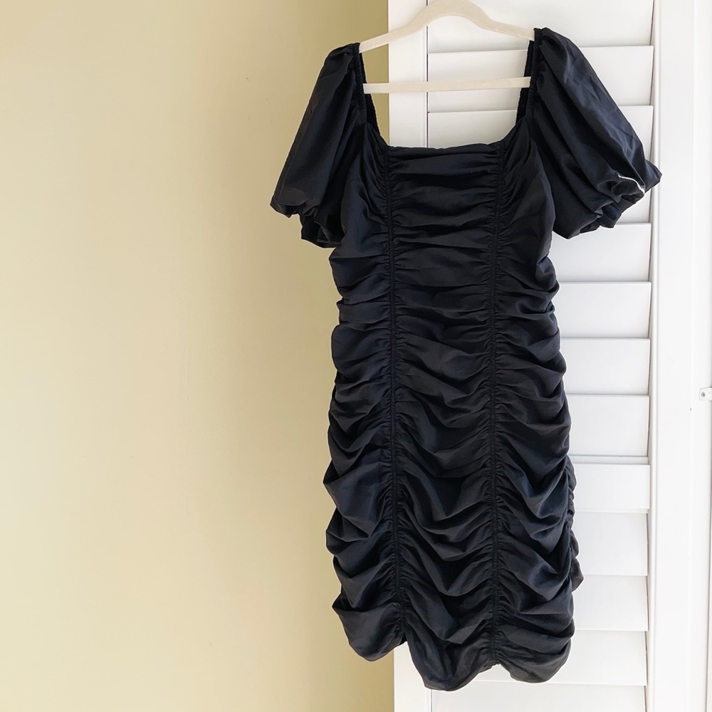 Black Ruched Puff-Sleeve Mini Dress